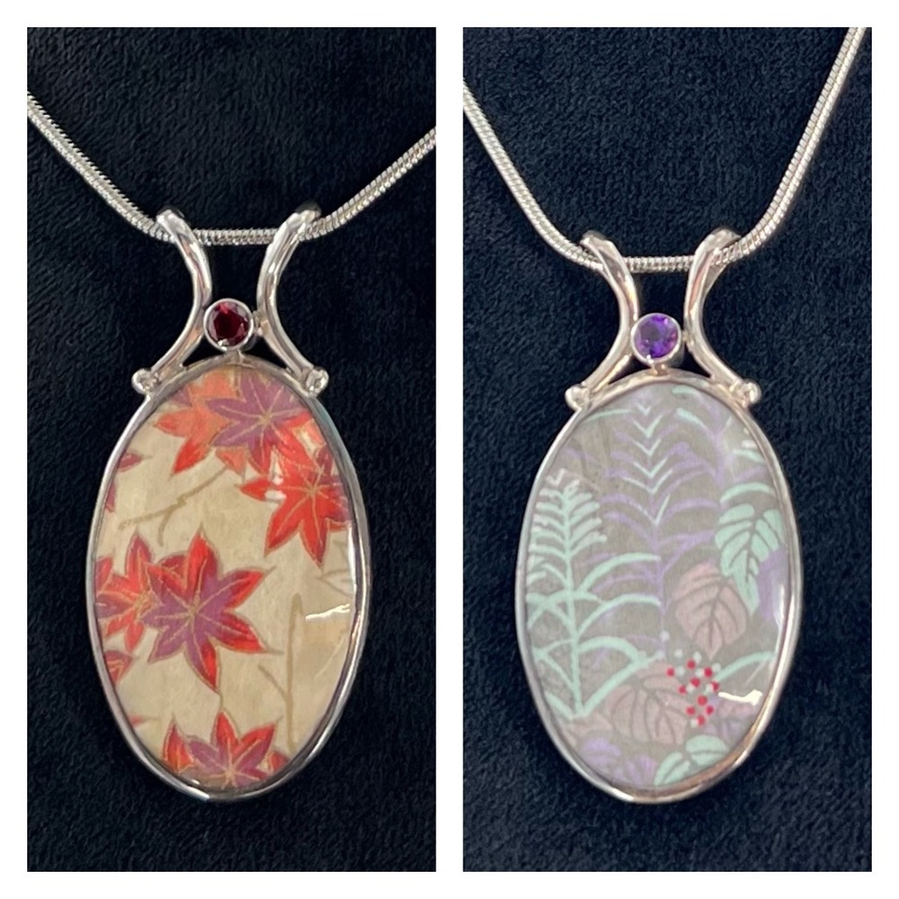 Lia Sophia Leaves/Gemstone Reversible Oval Pendant/Slide Snake Chain Necklace